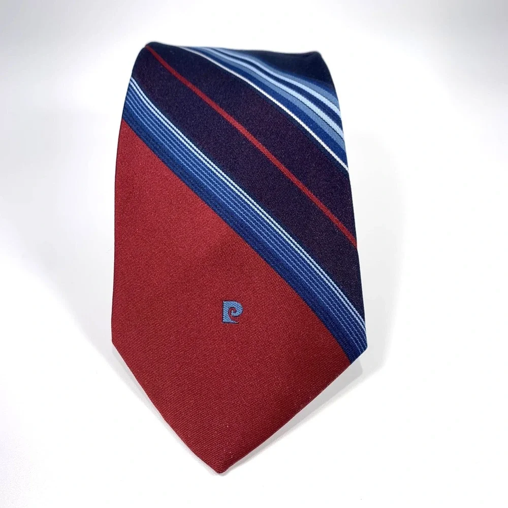 Vintage Pierre Cardin Mens Tie Blue w/ Maroon-White Stripe Design 100% Poly Logo